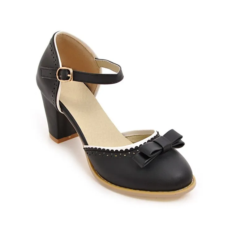 Barbados Address Women's Hollow Out Butterfly Knot Ankle Strap Block Heel Sandals