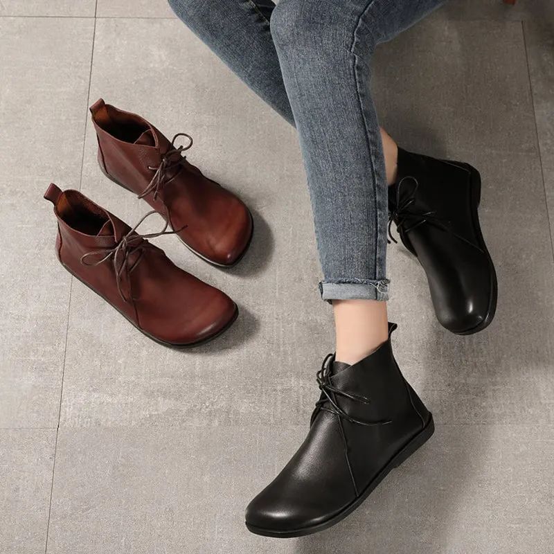 Womens Leather Barefoot Ankle Boots Soft Bottom Flat Round Toe Derby Boots Brown/Black Everyday Oxfords