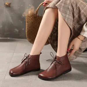 Womens Leather Barefoot Ankle Boots Soft Bottom Flat Round Toe Derby Boots Brown/Black Waterproof Oxford Fabric