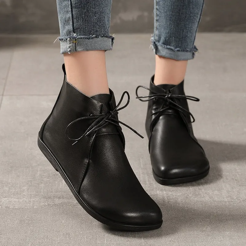 Brogue Oxford Shoes Womens Leather Barefoot Ankle Boots Soft Bottom Flat Round Toe Derby Boots Brown/Black