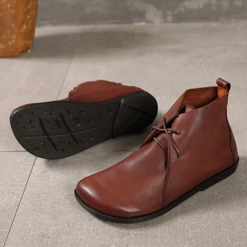 Womens Leather Barefoot Ankle Boots Soft Bottom Flat Round Toe Derby Boots Brown/Black Low Heel Oxfords