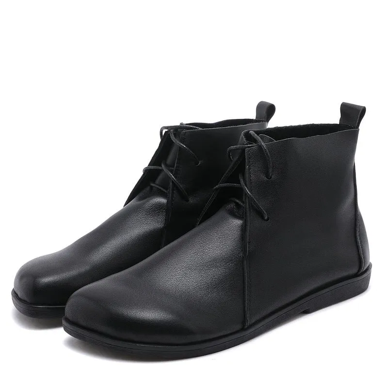 Womens Leather Barefoot Ankle Boots Soft Bottom Flat Round Toe Derby Boots Brown/Black Pinpoint Oxford Dress Shirt