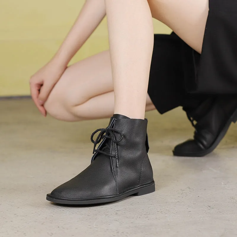 Women's Leather Barefoot Booties Round Toe Lace-Up Flat Ankle Boots Brown/Black/Coffee Oxfords With A Dress