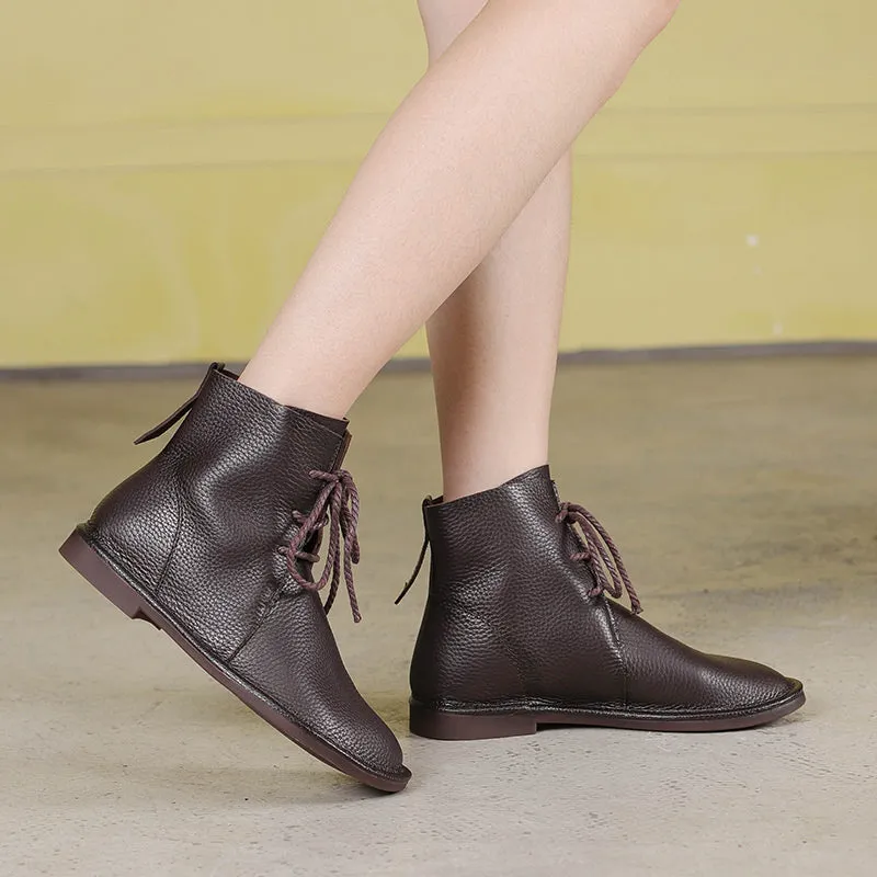 Women's Leather Barefoot Booties Round Toe Lace-Up Flat Ankle Boots Brown/Black/Coffee Oxford Slip On Shoes