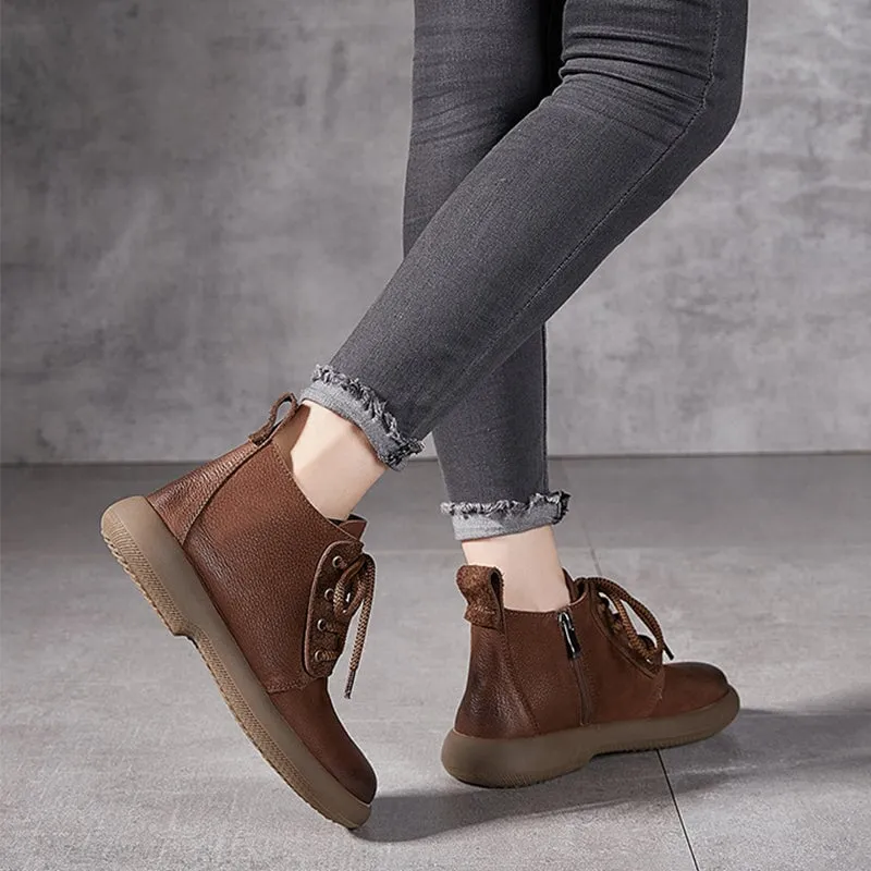 Women's Leather Booties Round Toe Lace-Up Ankle Boots in Grey/Coffee 2.zerogrand Laser Wing Oxford Shoes