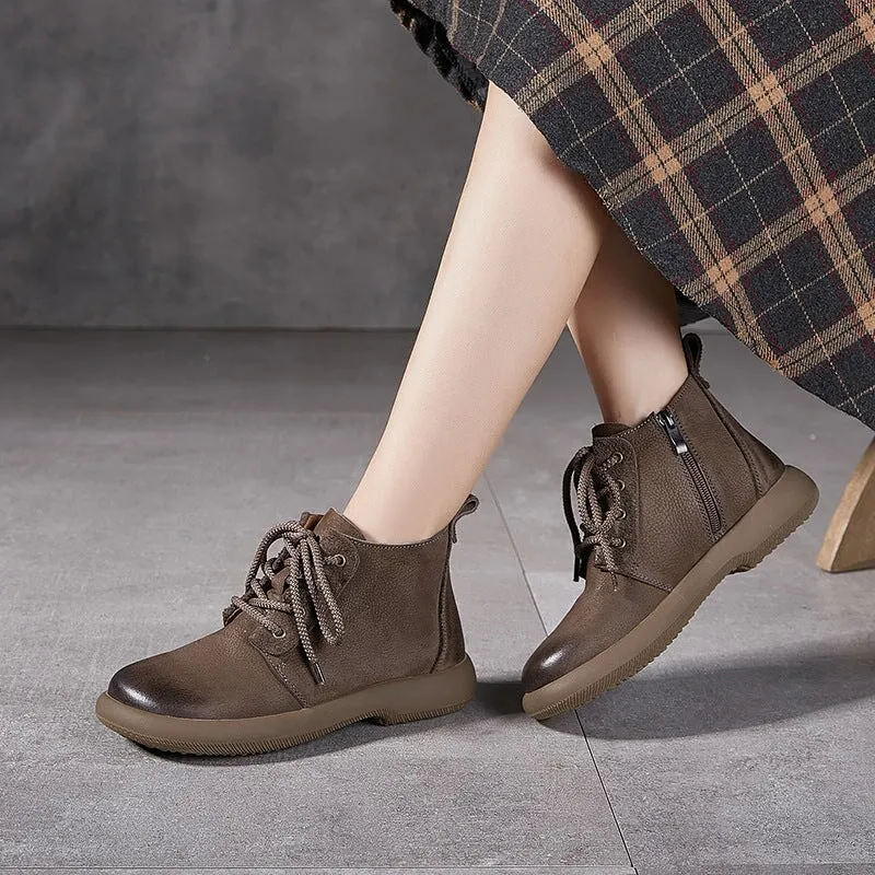 Women's Leather Booties Round Toe Lace-Up Ankle Boots in Grey/Coffee Thorogood Oxford