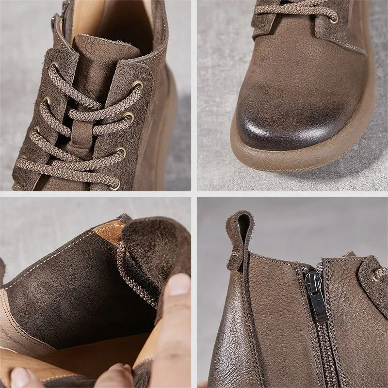 Women's Leather Booties Round Toe Lace-Up Ankle Boots in Grey/Coffee Oxblood Oxfords