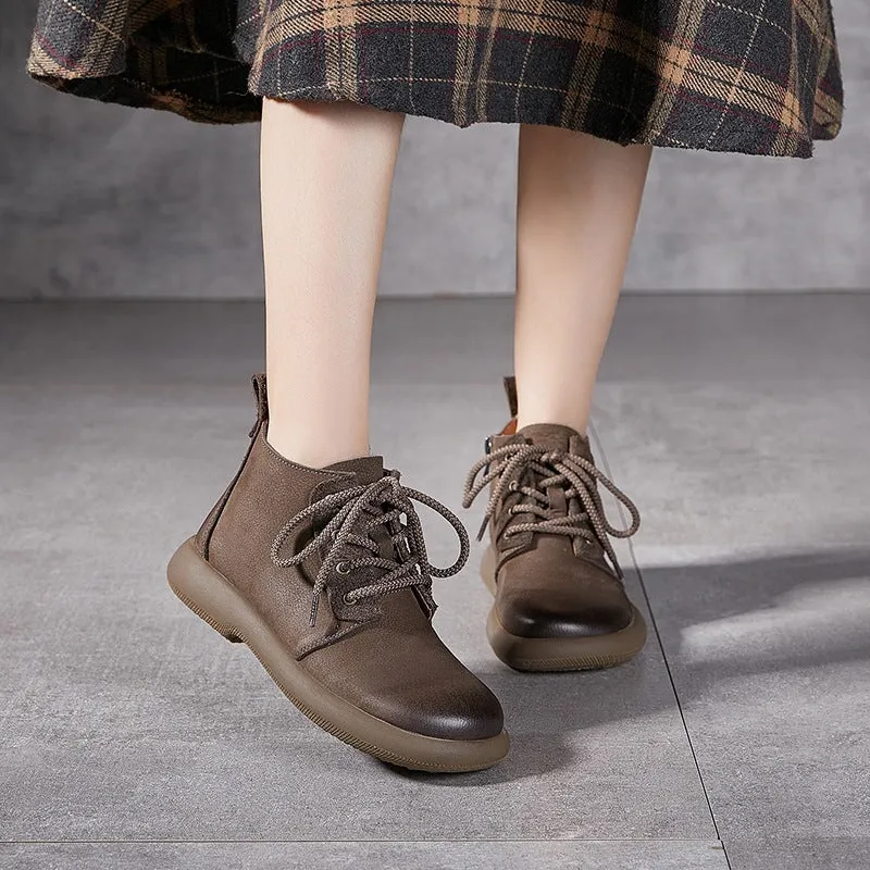 Plain-toe Oxfords Women's Leather Booties Round Toe Lace-Up Ankle Boots in Grey/Coffee
