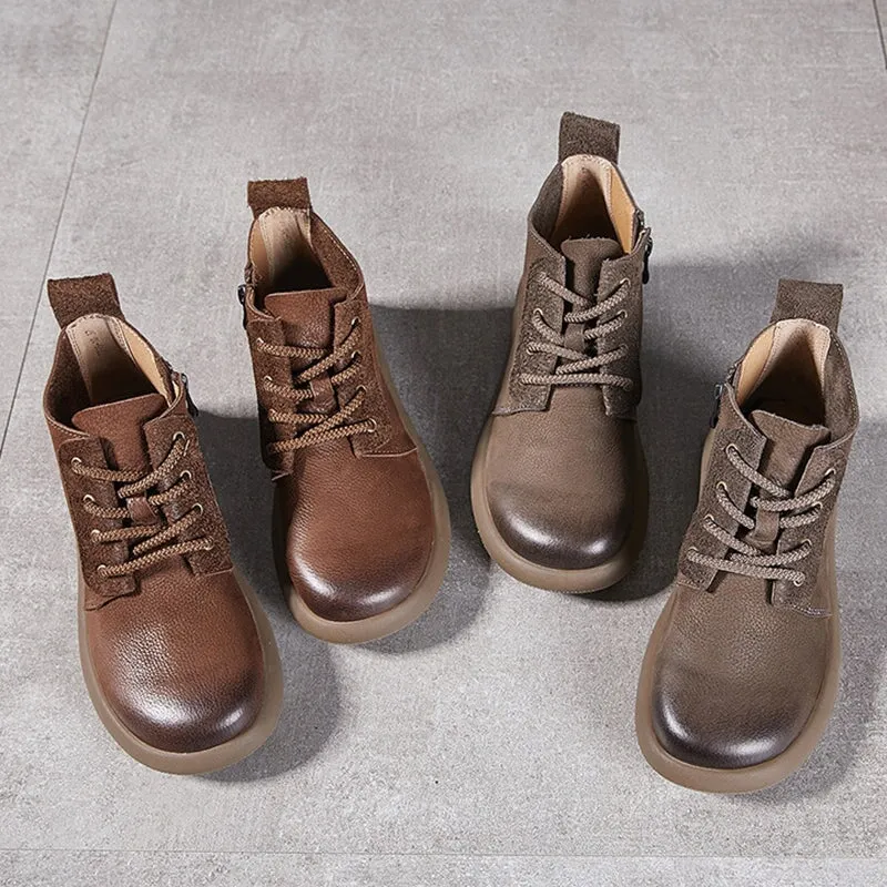 Women's Leather Booties Round Toe Lace-Up Ankle Boots in Grey/Coffee Grandevølution Shortwing Oxfords