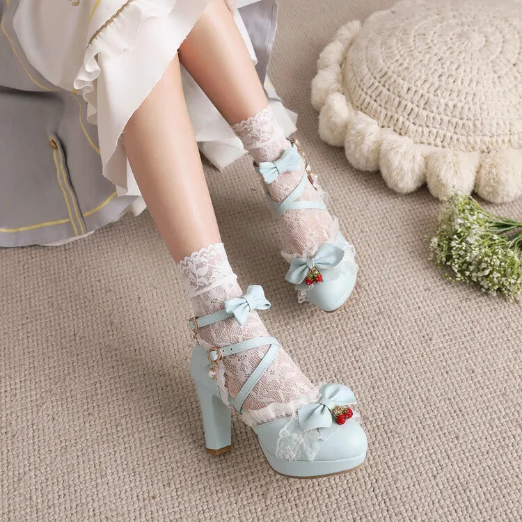 Sandals Weddings Women's Lolita Lace Butterfly Knot Chunky Heel Platform Sandals