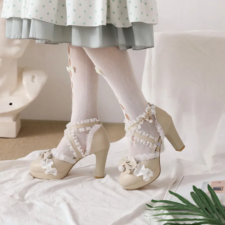 Women's Lolita Lace Butterfly Knot Pearls Chunky Heel Platform Sandals Good Sandals For Walking