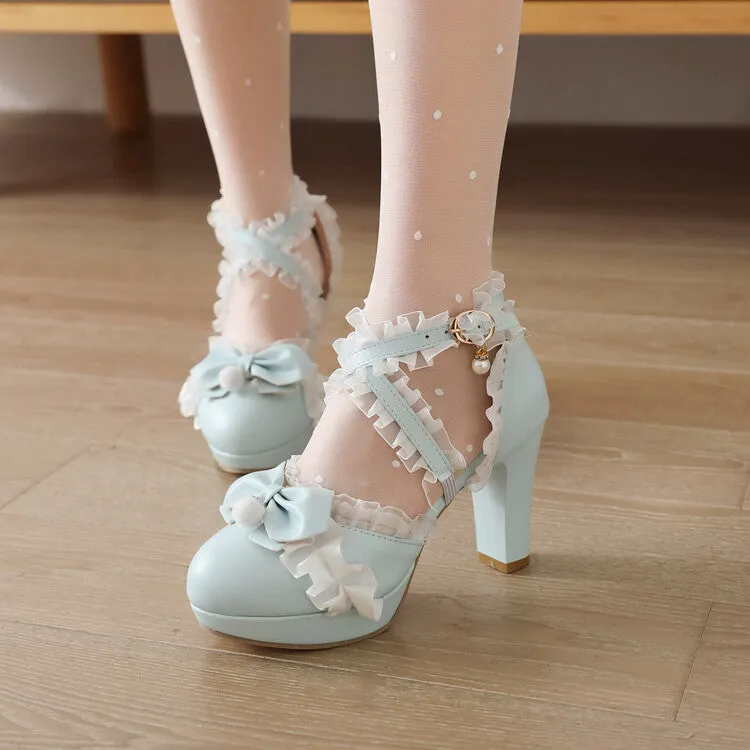 Sandals Store Near Me Women's Lolita Lace Butterfly Knot Pearls Chunky Heel Platform Sandals