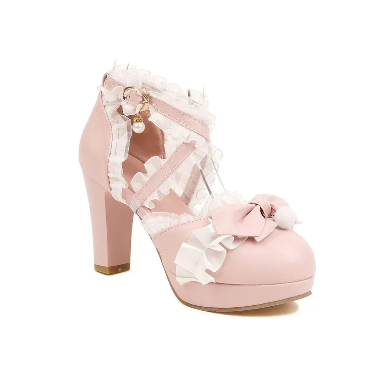 Straw Platform Sandals Women's Lolita Lace Butterfly Knot Pearls Chunky Heel Platform Sandals