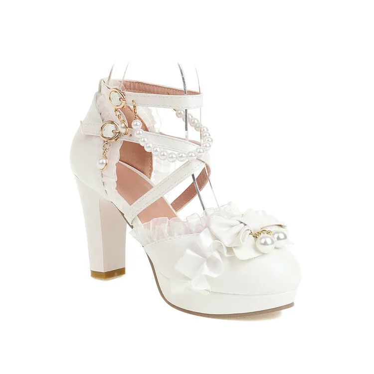 Soda Sandals Women's Lolita Lace Pearls Butterfly Knot Chunky Heel Platform Sandals