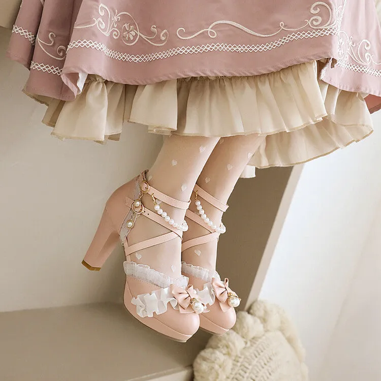 Uggs Sandals Women's Lolita Lace Pearls Butterfly Knot Chunky Heel Platform Sandals