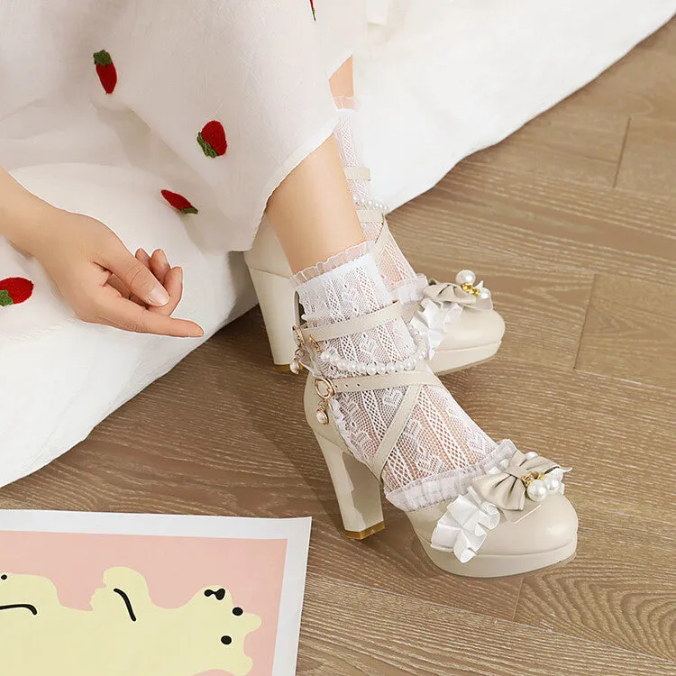 Women's Lolita Lace Pearls Butterfly Knot Chunky Heel Platform Sandals Korkers Sandals