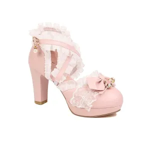 Women's Lolita Round Toe Lace Butterfly Knot Chunky Heel Platform Sandals Pretty Closed Toe Sandals