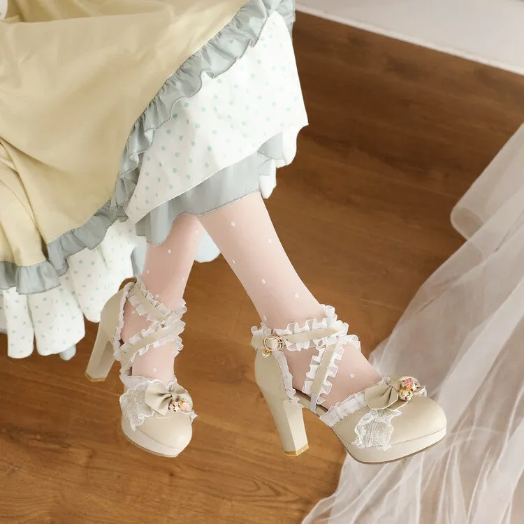 Women's Lolita Round Toe Lace Butterfly Knot Chunky Heel Platform Sandals High Heels Shoes Sandals