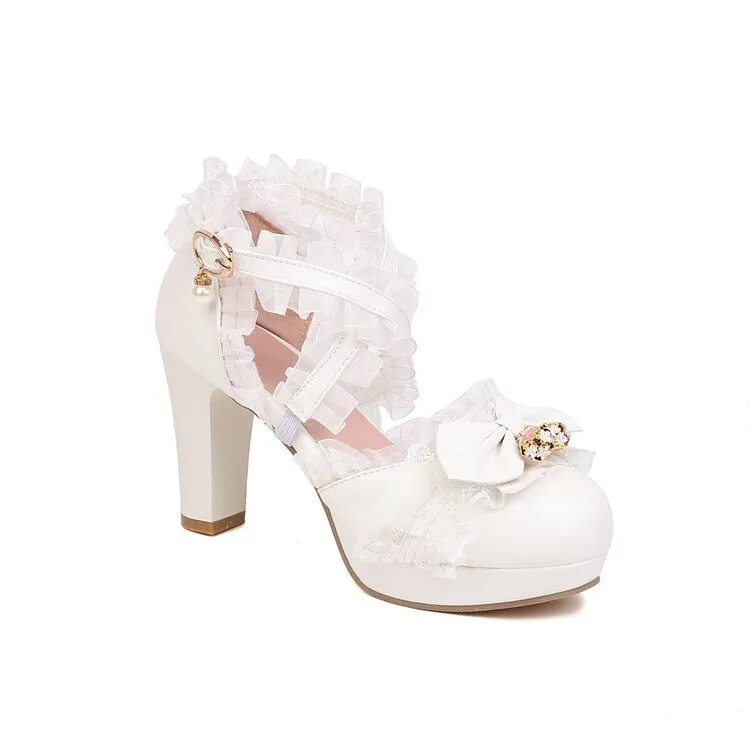 Pillow Sandals Women's Lolita Round Toe Lace Butterfly Knot Chunky Heel Platform Sandals