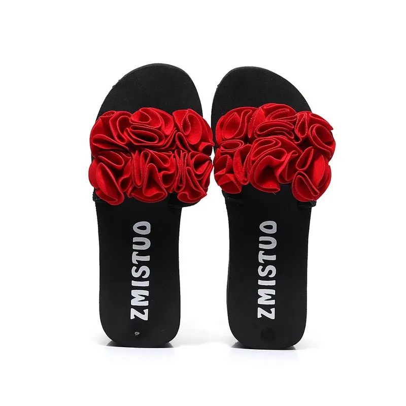 Layback Flip Flops Women's Outdoor Comfort Platform Wedges with Flower On Strap