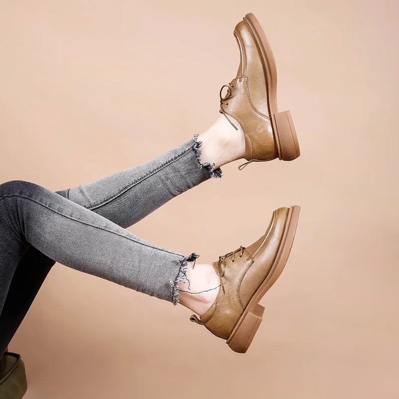 Women's Oxford Derby Shoes Handmade Vegetable Tanned Leather in Khaki/Brown/Black Museum Calfskin Oxfords