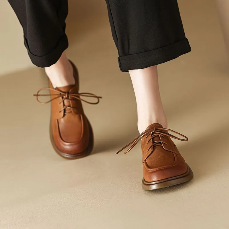 Women's Oxford Derby Shoes Hanmdmade Round Toe Lace Up Leather Shoes in Coffee/Brown Davie Oxfords