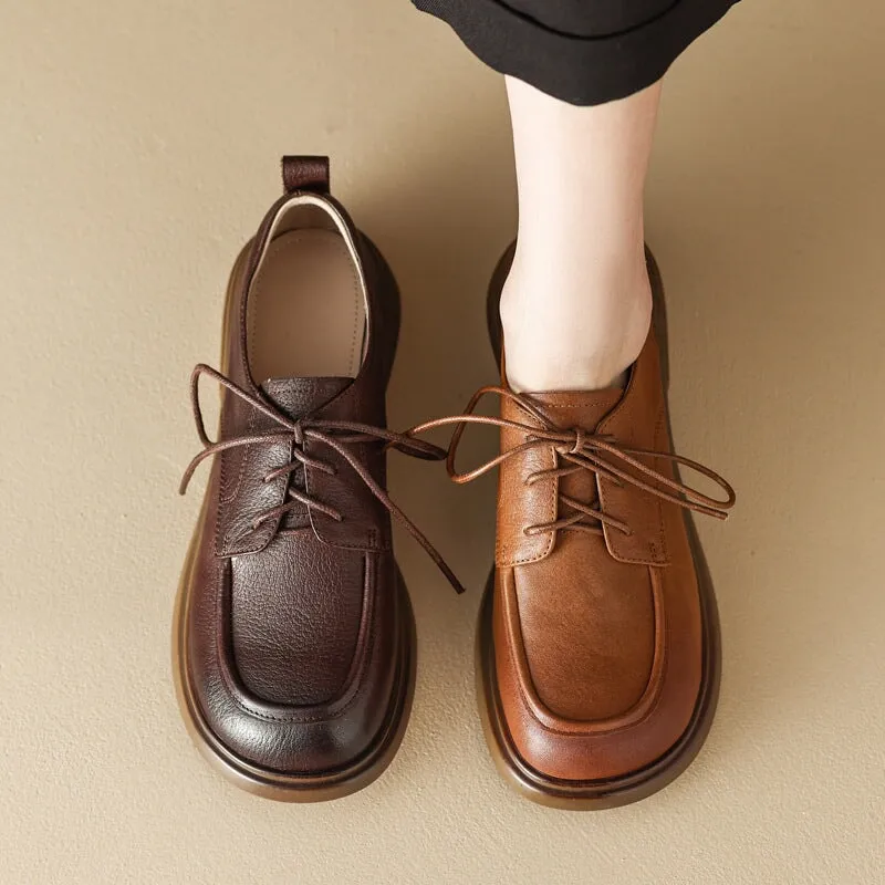 Women's Oxford Derby Shoes Hanmdmade Round Toe Lace Up Leather Shoes in Coffee/Brown 1461 Oxford