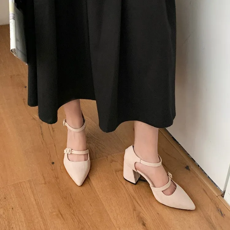 Angels Sandals Women's Pointed Toe Rhinestone Ankle Strap Chunky Heel Sandals