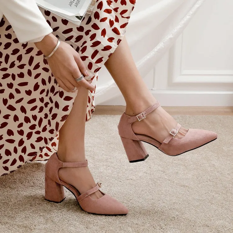 Dress Sandals Women's Pointed Toe Rhinestone Ankle Strap Chunky Heel Sandals