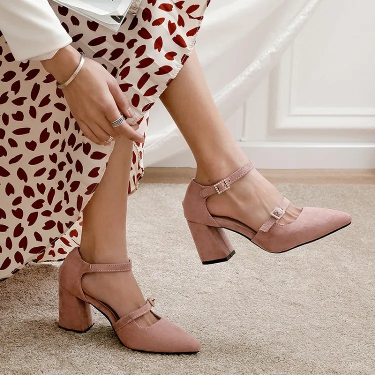 Women's Pointed Toe Rhinestone Ankle Strap Chunky Heel Sandals Bike Sandals