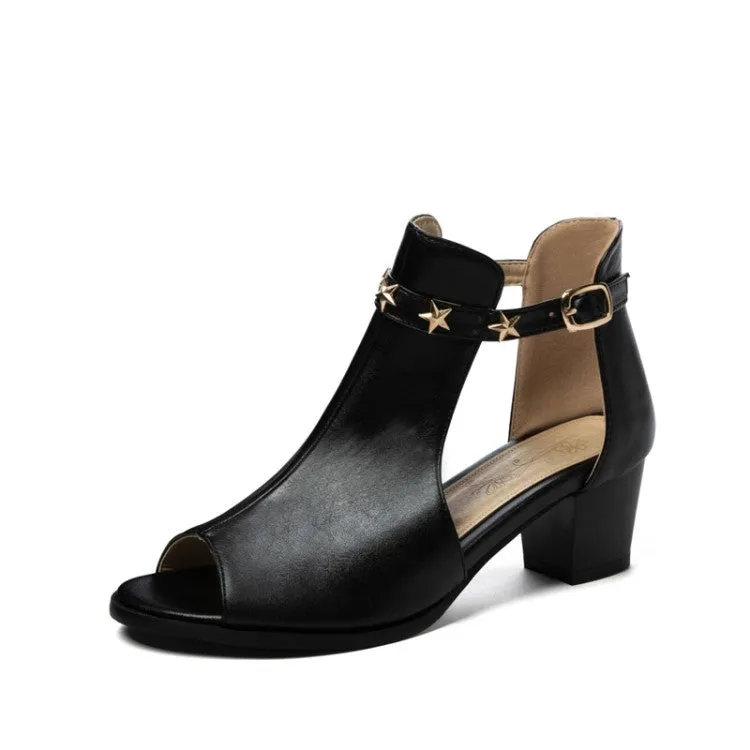 Women's Rivets Open Toe T Strap Block Heel Sandals Walking Sandals Arch Support