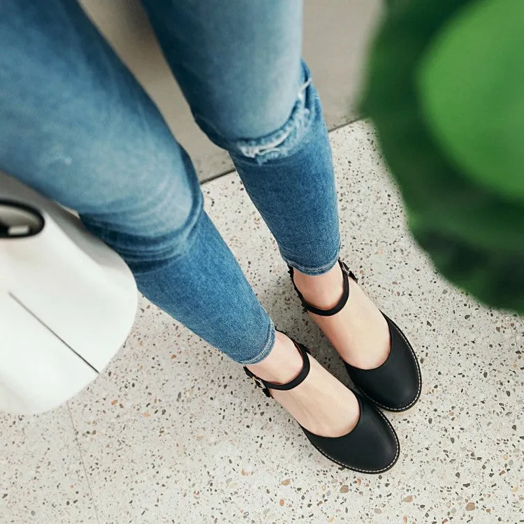 Women's Round Toe Hollow Out Ankle Strap Block Heel Sandals Wood Platform Sandals