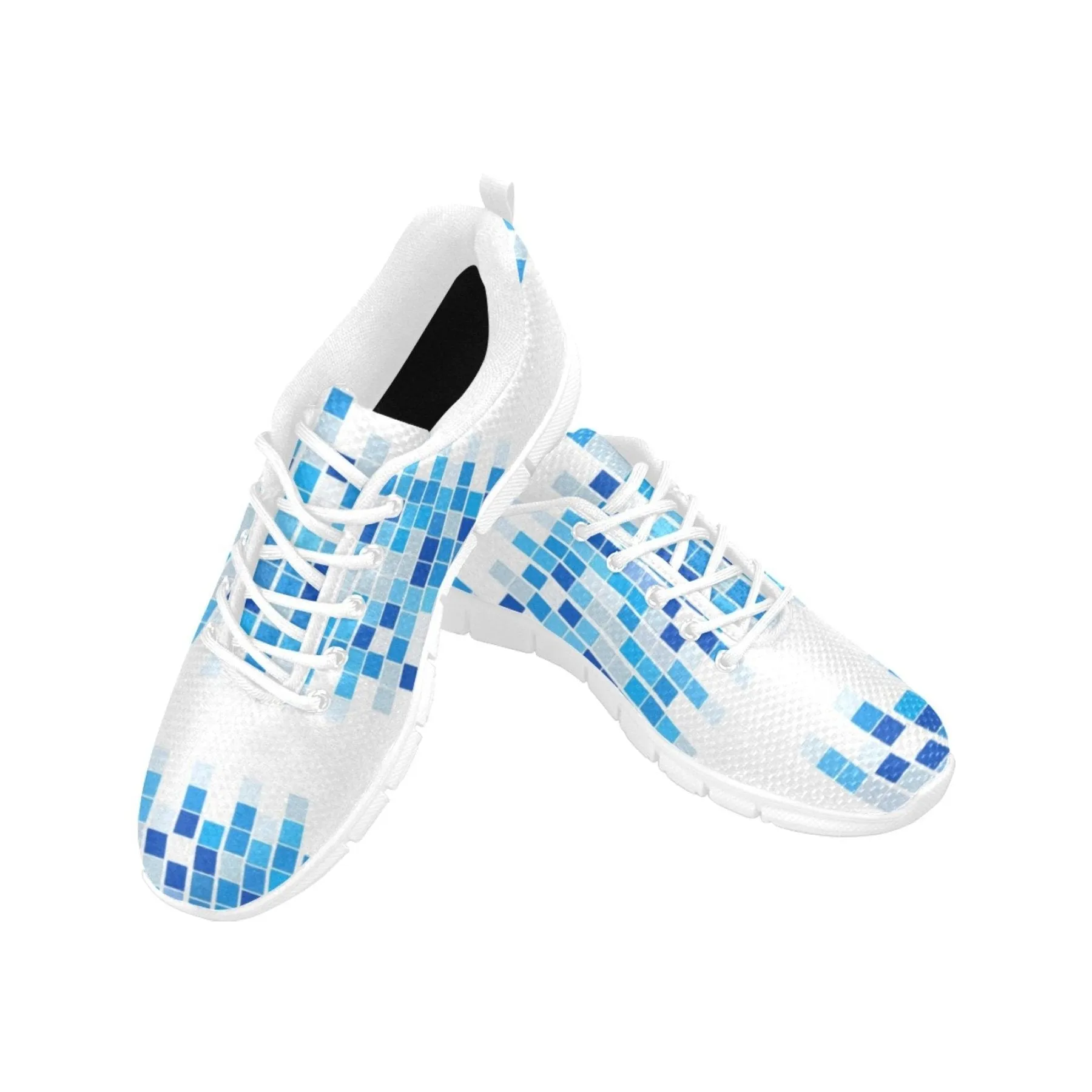 Light Weight Running Shoes Womens Sneakers, Blue And White Mosaic Print Running Shoes by inQue.Style