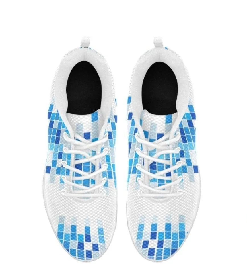 Womens Sneakers, Blue And White Mosaic Print Running Shoes by inQue.Style High Pronation Running Shoes
