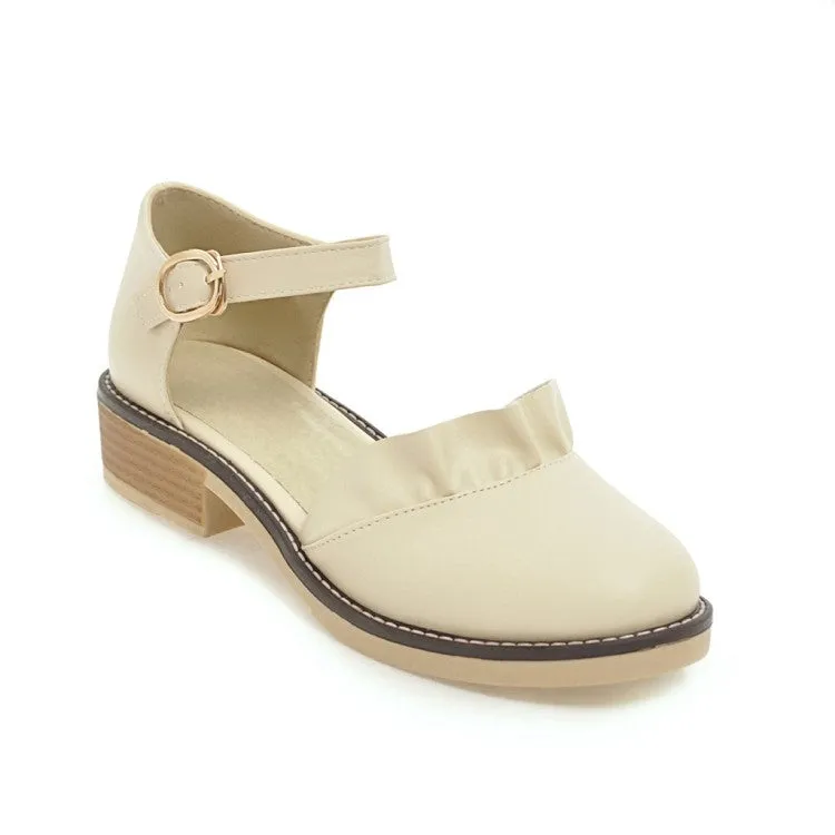 Strap Up Sandals Women's Solid Color Ruffles Ankle Strap Buckle Block Heel Sandals