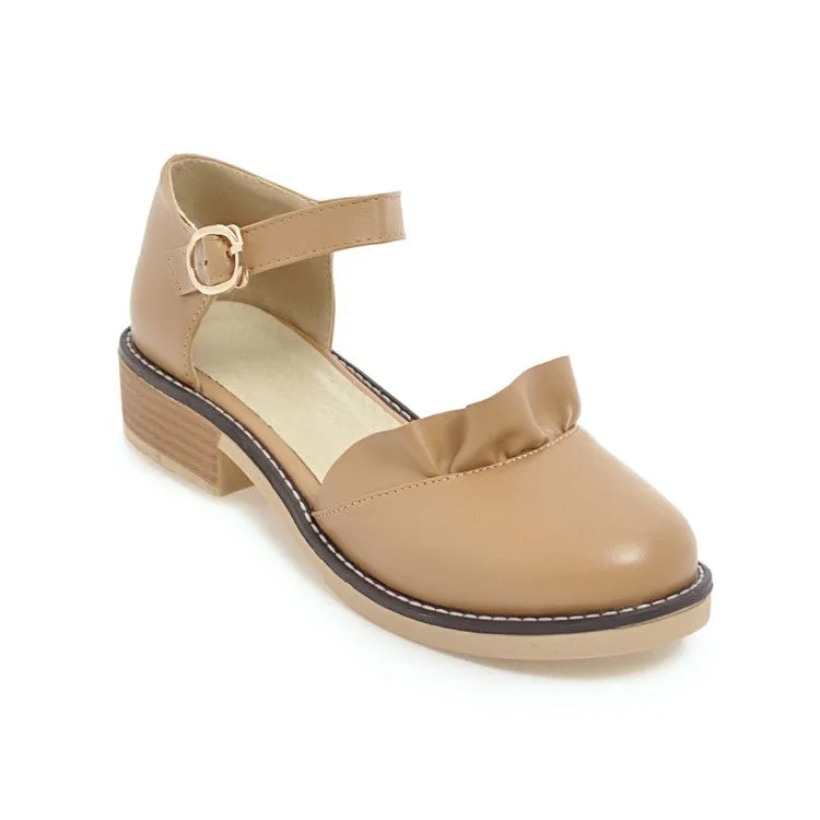 Women's Solid Color Ruffles Ankle Strap Buckle Block Heel Sandals Athletic Slide Sandals