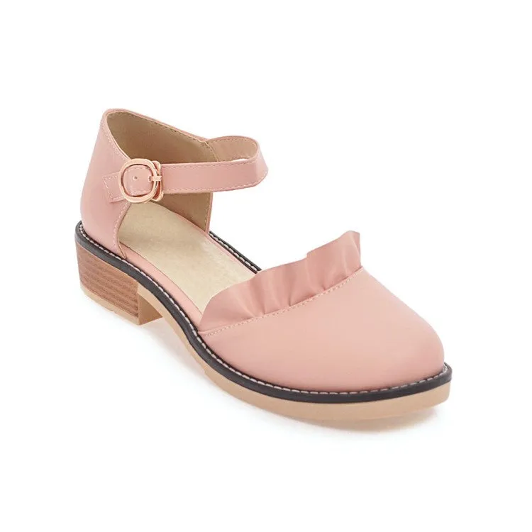 Women's Solid Color Ruffles Ankle Strap Buckle Block Heel Sandals Huaraches Sandals