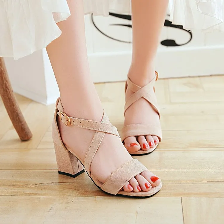 Sandals Close Women's Solid Color Suede Cross Ankle Strap Block Heel Sandals