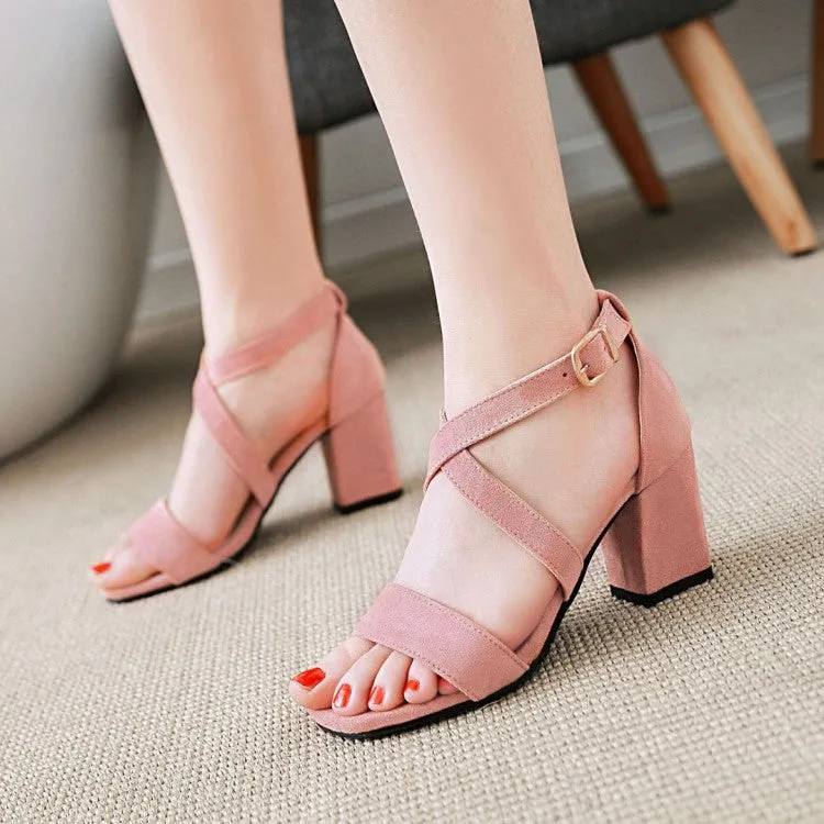 Socks And Sandals Women's Solid Color Suede Cross Ankle Strap Block Heel Sandals