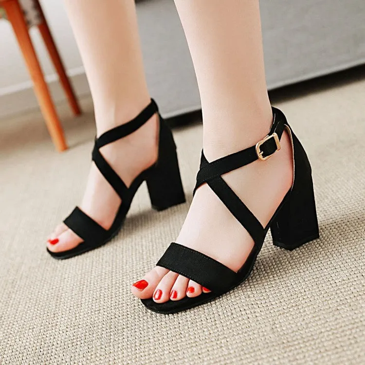Women's Solid Color Suede Cross Ankle Strap Block Heel Sandals Sandals Guess