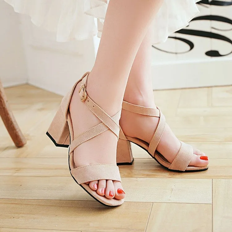 Women's Solid Color Suede Cross Ankle Strap Block Heel Sandals Thick Sole Sandals
