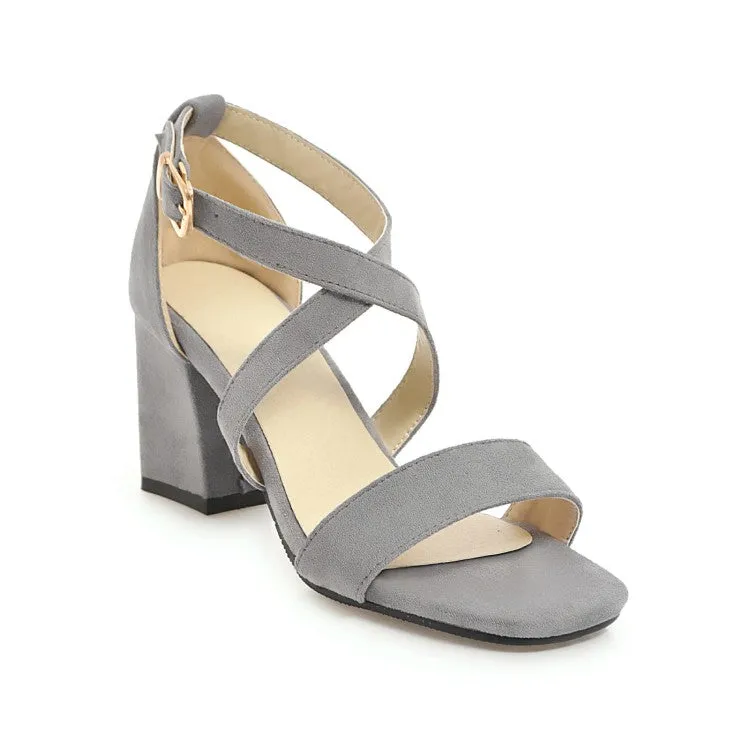 White Leather Sandals Women's Solid Color Suede Cross Ankle Strap Block Heel Sandals