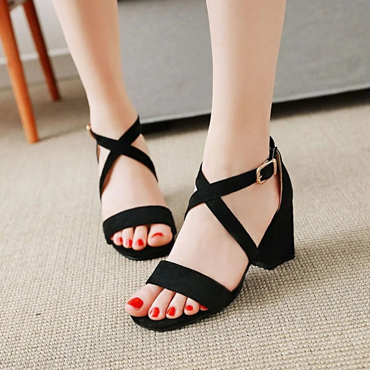 Women's Solid Color Suede Cross Ankle Strap Block Heel Sandals Custom Made Sandals