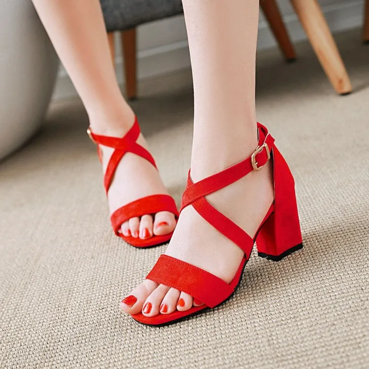 Concept Sandals Women's Solid Color Suede Cross Ankle Strap Block Heel Sandals