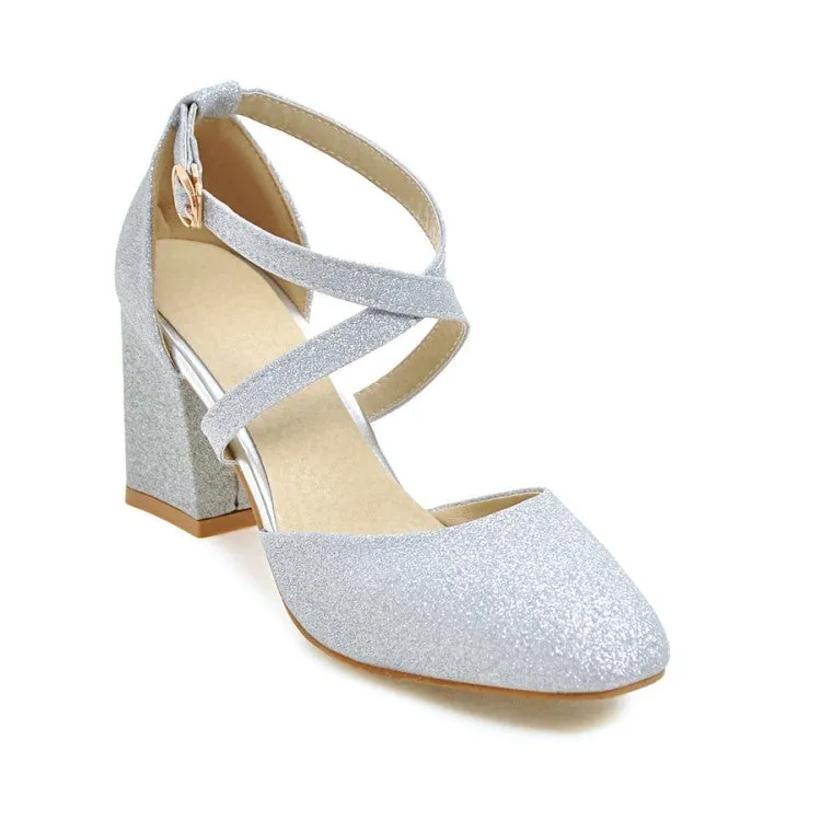 Women's Sparkling Closed Toe Ankle Strap Block Heel Sandals Wrap Around Ankle Sandals