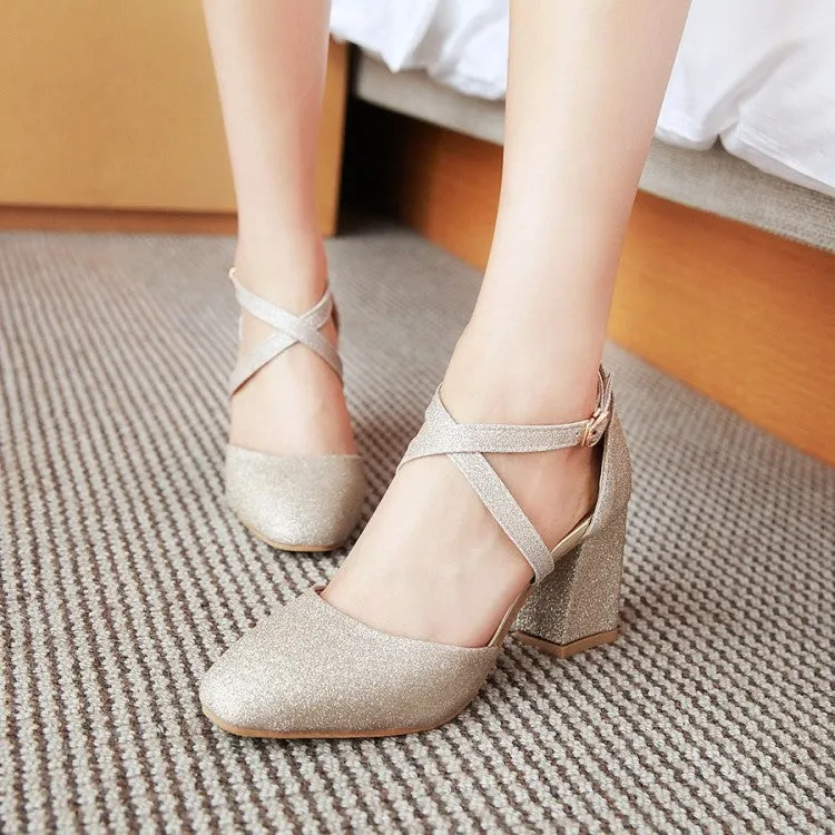 Women's Sparkling Closed Toe Ankle Strap Block Heel Sandals Sandals Cycling