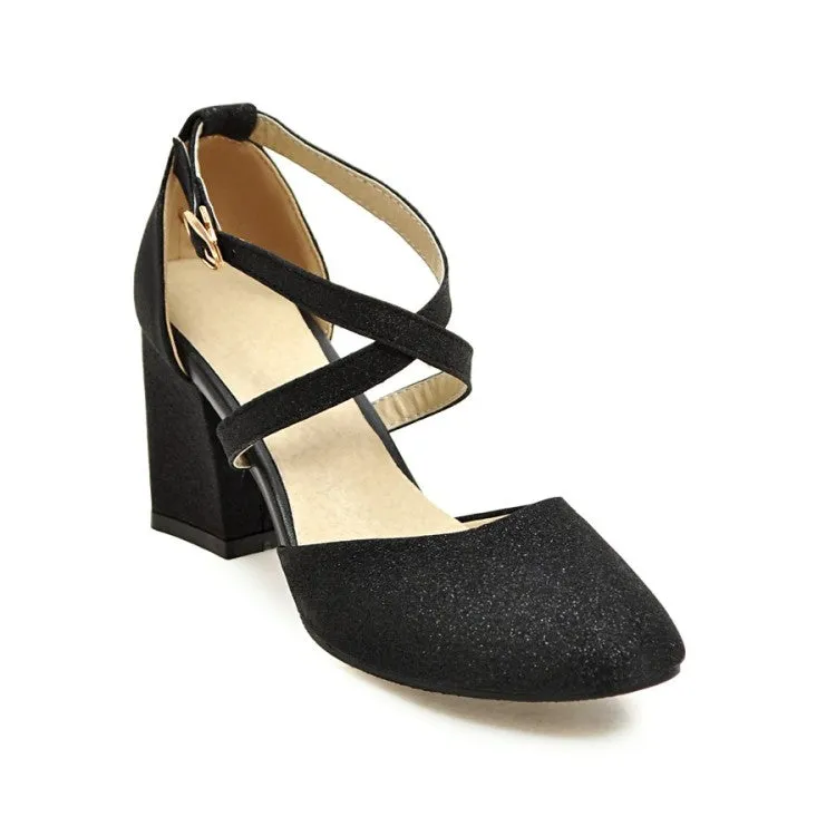 Women's Sparkling Closed Toe Ankle Strap Block Heel Sandals Slip On Sandals