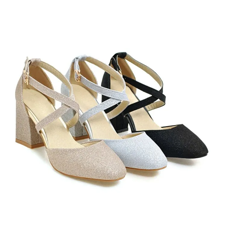 Women's Sparkling Closed Toe Ankle Strap Block Heel Sandals Love Sandals