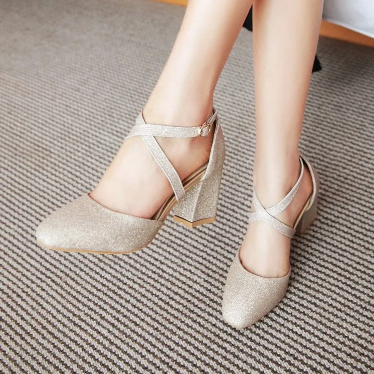 Sandals Curacao Map Women's Sparkling Closed Toe Ankle Strap Block Heel Sandals