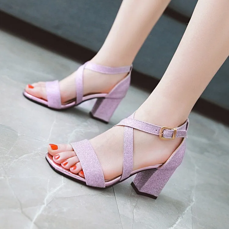 Women's Sparkling Cross Ankle Strap Block Heel Sandals Satin Sandals Wedding